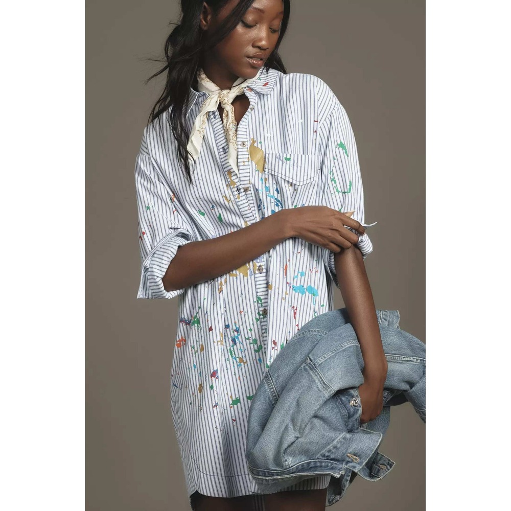 Anthropologie Pilcro Paint Splatter Shirt Dress Striped Artistic Preppy Boho NWT - Picture 4 of 16